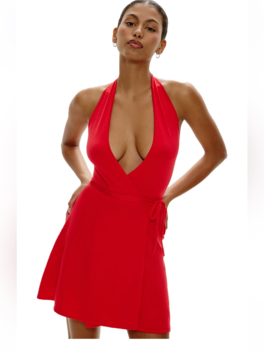 Frankies Bikinis Evening Halter Wrap Mini Dress Cherry Red Size M